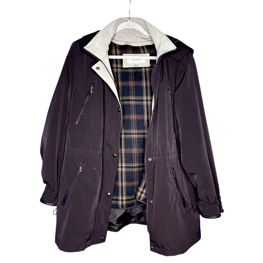 Liz Claiborne Womens Chocolate Brown Plaid Jacket Outerwear Wool Blend Cinched L